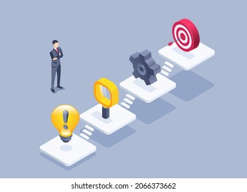 isometric vector illustration on a gray background, platforms with icons of a light bulb and a magnifying glass and gear and goal, man in a business suit breaks through a strategy and plan