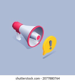 Isometric Vector Illustration On Gray Background, Loudspeaker And Text Bubble With Exclamation Mark, Important Information Or Alert