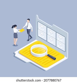 isometric vector illustration on gray background, folder with archive shelves and magnifying glass, woman hands over document to a man in business clothes, archival document