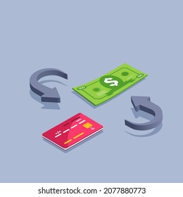 isometric vector illustration on gray background, dollar bill and bank card and arrows between them, converting cash to non-cash