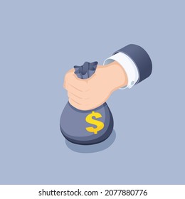 isometric vector illustration on gray background, male hand holding a bag of money with dollar sign, give money or bribe