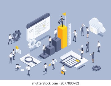 isometric vector illustration on a gray background, a man in a business suit with a flag stands on the highest column of the chart and other people working in team on work tasks, achieve result