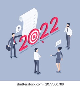 isometric vector illustration on gray background, people in business clothes are discussing the plan for achieving the goal and the number 2022 with target and arrow, planning for success