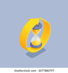 isometric vector illustration on gray background, hourglass inside a round arrow, time passage