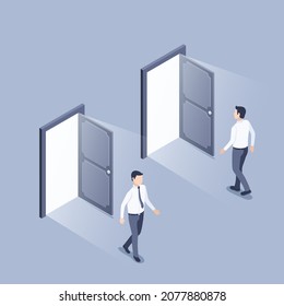 isometric vector illustration on gray background, open door with light and man in business clothes entering and exiting, doors of opportunities