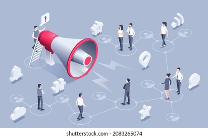 isometric vector illustration on a gray background, a man speaks important information to other people through a loudspeaker, spread of information