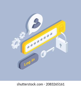 isometric vector illustration on a gray background, a password entry window and a button with the inscription log in, user icon and a lock with a key, account login