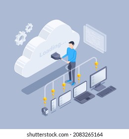 isometric vector illustration on gray background, man connects his gadgets and devices to the cloud, reliable data storage