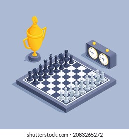 isometric vector illustration on gray background, chessboard with figures and chronometer next to golden cup, tournament or championship