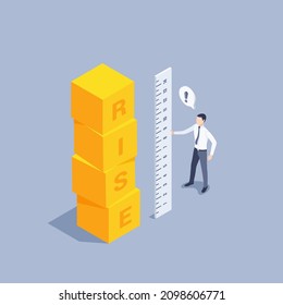 isometric vector illustration on a gray background, a man in business clothes with a ruler stands near a pillar of yellow cubes with the inscription rise, business motivation