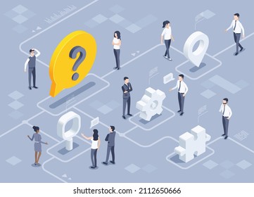 isometric vector illustration on gray background, men and women in business clothes are standing near a text bubble with a question mark, solving a common problem