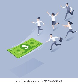 isometric vector illustration on a gray background, people in business clothes run after a dollar bill falling from the top, easy money or quick credit