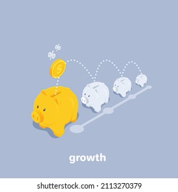 isometric vector illustration on a gray background, piggy banks by growth and a coin with a dollar sign, deposit growth