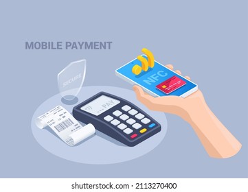 isometric vector illustration on a gray background, a hand holds a smartphone near the terminal, NFC payment or mobile payment
