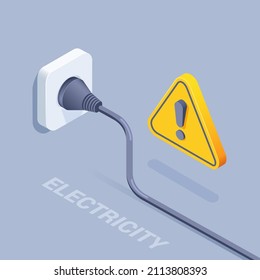 isometric vector illustration on a gray background, electric wire plugged into a socket and an exclamation mark, caution electricity