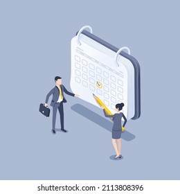 isometric vector illustration on a gray background, a man and a woman in business suits stand near the calendar, the planned date