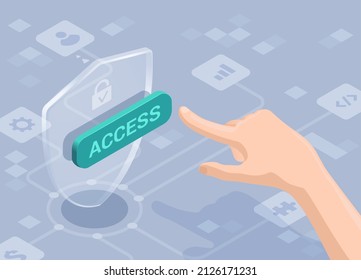 isometric vector illustration on a gray background, a shield with a green button and a lock icon with the inscription access, a hand pressing a button