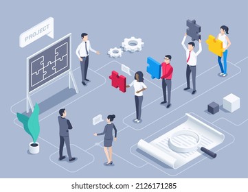 isometric vector illustration on a gray background, people in business suits work in a team on a common project, the missing piece of the puzzle