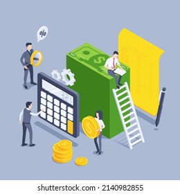 isometric vector illustration on gray background, people in business clothes next to stack of dollar bills and a calculator with documents, accounting and financial work