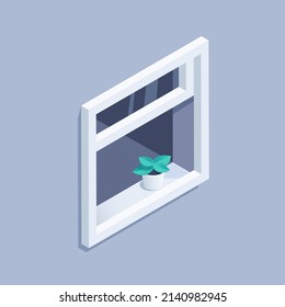 isometric vector illustration on a gray background, a flower in a flowerpot on the windowsill of an open window