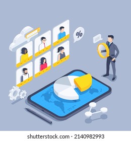 isometric vector illustration on gray background, pie chart on tablet screen and man in business suit with magnifying glass, video conference or remote report