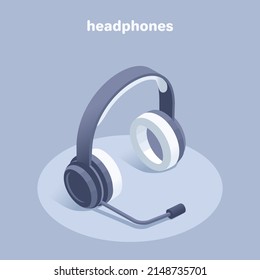 isometric vector illustration on a gray background, headphones with a microphone, online consultation and help