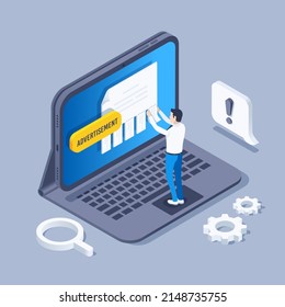 isometric vector illustration on a gray background, a man tearing down an ad on a tablet screen, an online platform for advertising
