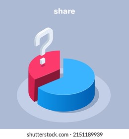 ilustración vectorial isométrica en un fondo gris, gráfico circular dividido en dos partes en rojo y azul y un signo de interrogación, una participación en las finanzas o las empresas