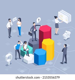 isometric vector illustration on a gray background, statistics work, people in business clothes near the chart, statistical data processing