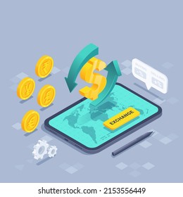 isometric vector illustration on a gray background, purchase and sale of currency, dollar icon with arrows on the screen of the tablet and a button with the inscription exchange