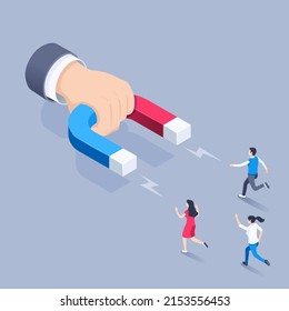 isometric vector illustration on gray background, hand with magnet and people run to it, customer acquisition and marketing, social technologies