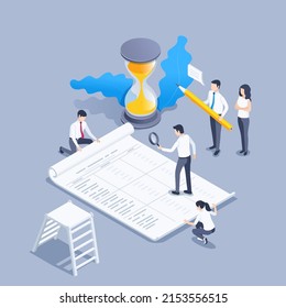 isometric vector illustration on a gray background, people in business clothes with a large sheet of paper, data analysis or financial report