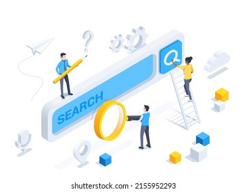 isometric vector illustration on a gray background, people near a large search form with a magnifying glass and a pencil, a woman on a stepladder presses a button, search engine