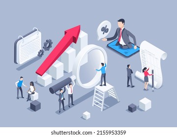 isometric vector illustration on a gray background, people with a magnifying glass analyze data on a chart with an arrow and work with financial documentation