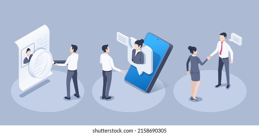 isometric vector illustration on a gray background, people in business clothes communicate online and physically, studying a resume and interviewing a hired worker