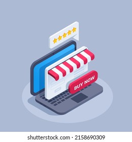 isometric vector illustration on gray background, online store on laptop screen with five stars and buy now button