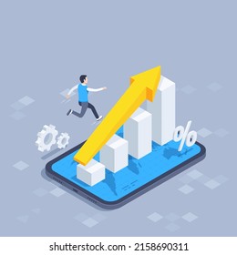 isometric vector illustration on a gray background, a man runs an arrow over a chart on a tablet screen, gears and percent icon, business success