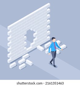 isometric vector illustration on a gray background, a man in business clothes goes through an obstacle with a brick wall, overcoming a problem and obstacles on the way to success