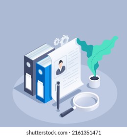 isometric vector illustration on a gray background, a paper sheet with a resume and folders with documentation, a pen and a magnifying glass, a profile of a worker