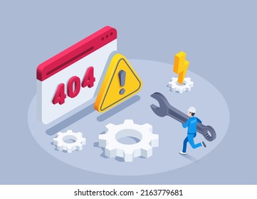 isometric vector illustration on a gray background, a man with a wrench runs to the browser window with the numbers 404 and an exclamation mark, web page error