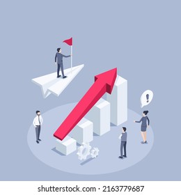 isometric vector illustration on a gray background, a man in a business suit with a flag flies on a paper plane over a chart with an arrow going up, achieving success