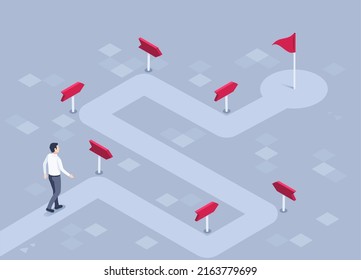 isometric vector illustration on a gray background, a man in business clothes walks along a winding path with pointers leading to a flag, a road or route to success