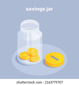 isometric vector illustration on a gray background, a glass transparent jar with gold coins and a lid with a hole, a piggy bank and the accumulation of fianns