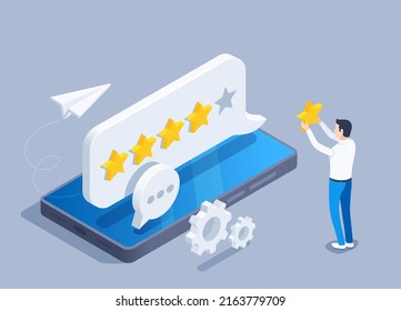 isometric vector illustration on a gray background, a man puts 5 stars in the rating of a comment on a smartphone screen, user activity and rating on the Internet