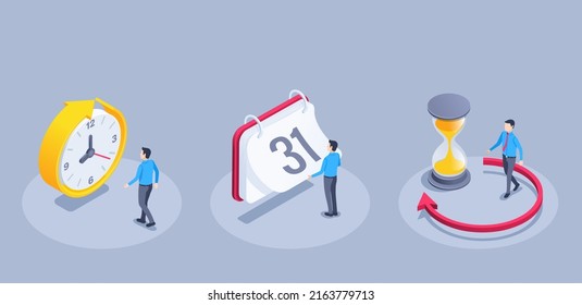 isometric vector illustration on a gray background, a man in business clothes next to a clock and a calendar, the passage of time or the beginning