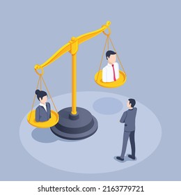 isometric vector illustration on a gray background, a man in a business suit looks at the scales on the bowls of which a man and a woman are compared, comparison and choice of an employee