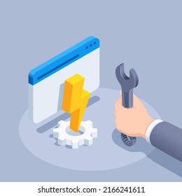 isometric vector illustration on a gray background, a man's hand holds a wrench near a browser window with gear and lightning, software or computer repair