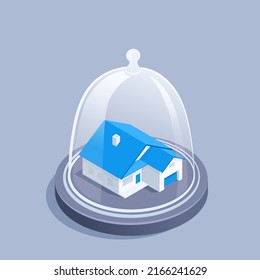 Isometric Vector Illustration On A Gray Background, A Private House Under A Glass Dome, Home Protection Or Insurance