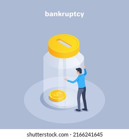 isometric vector illustration on a gray background, a man in business clothes looks hopelessly into a glass jar with a gold coin, bankruptcy or an empty piggy bank