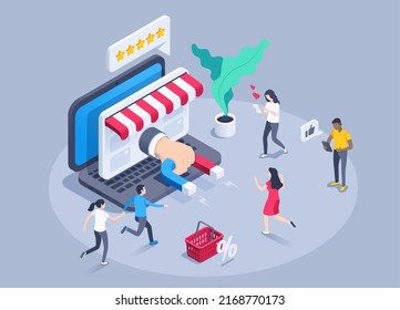 isometric vector illustration on a gray background, a hand with a magnet from the laptop screen from the web page of the store and people running there, attracting buyers via the Internet